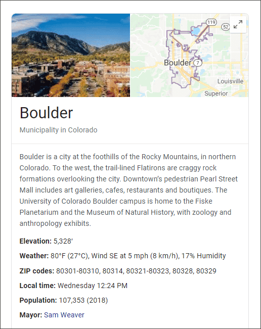 Google Knowledge Graph Panel Box Boulder co Location SERP