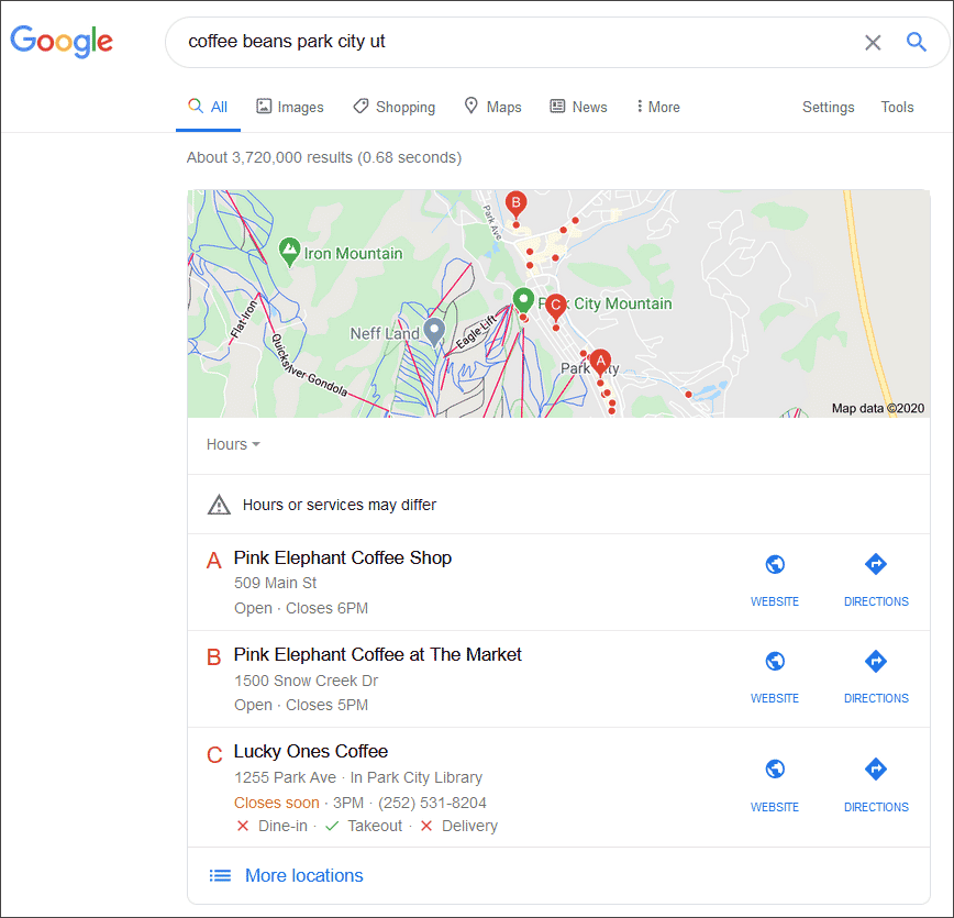 Google Local Pack SERP park city ut coffee search results