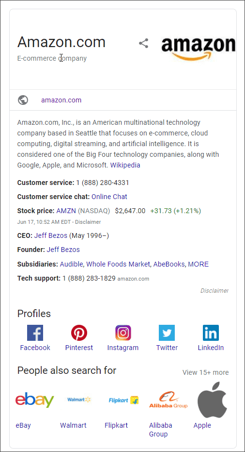 Amazon knowldge graph panel company Google serps